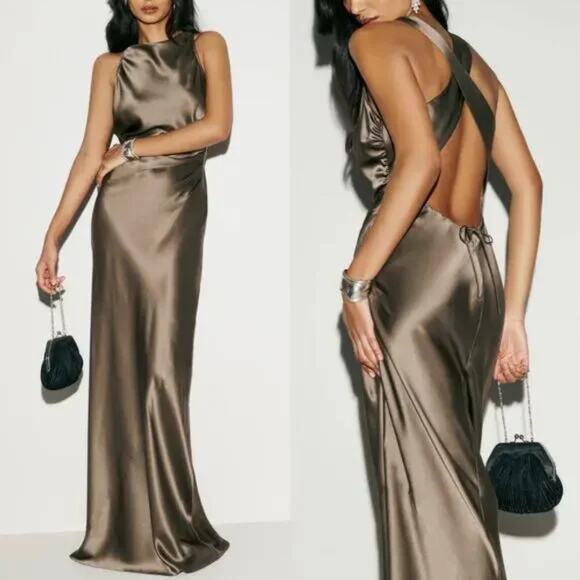 Reformation Dresses & Skirts - Reformation Morel Brown Anaiis Silk Dress High Neck Open Back Maxi Dress Size 6